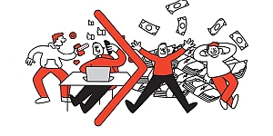 Illustration of stressed office workers at desks on the left and relaxed, happy people with cash on the right, separated by a large red arrow.