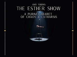 A spotlight shines on a microphone stand and stool on a dark stage with text above reading, "Amy Tobin's The Esther Show: A Purim Cabaret of Chaos & Catharsis.