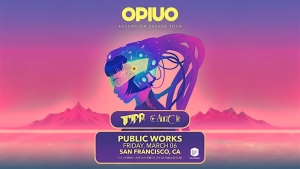 Digital illustration of a futuristic human head with cables, event info for "Opiuo Ascension Series Tour" at Public Works, San Francisco, on March 6.