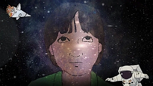Animated image of a person’s face in space with a rocket in the top left and an astronaut in the bottom right, stars and galaxies in the background.