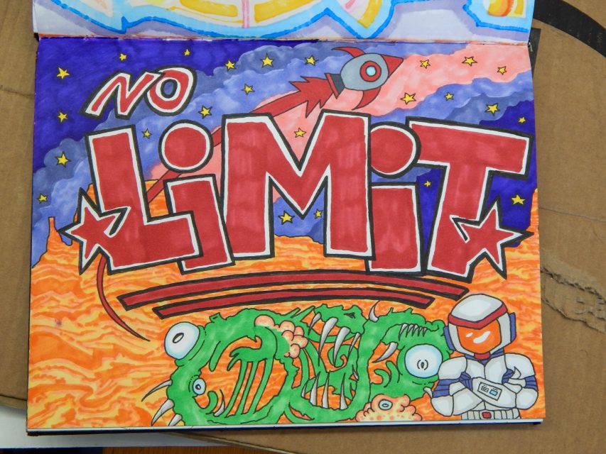 Colorful illustration with the words "NO LIMIT" in bold red letters, a rocket in the sky, and a robot next to a green creature on an orange landscape.
