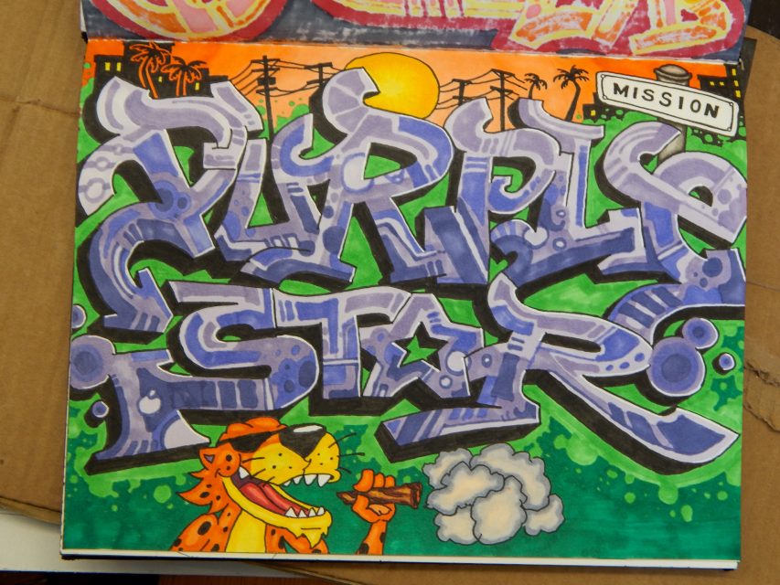 Colorful graffiti art reading "PURPLE STAR" with a cartoon cheetah smoking a cigar and the word "MISSION" in a label at the top right; sunset and palm trees in the background.
