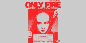 Red and white concert poster for ONLY FIRE North America Tour, featuring a close-up of a bald person and event details for a San Francisco show on 5/19/2023.