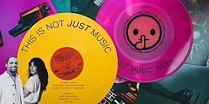 Two colorful vinyl records, one yellow and one pink, are displayed on a background of album covers with the text “This Is Not Just Music” and “SF Music Week” visible.
