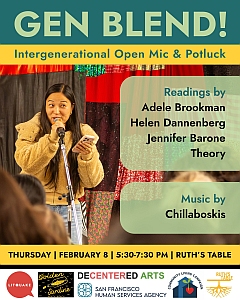 A woman speaks into a microphone at an event. Text over the image promotes "Gen Blend! Intergenerational Open Mic & Potluck" with readings, music, date, time, and sponsors.