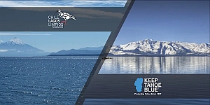 Split image showing Chile’s lake with mountains and "Chile Lagos Limpios" logo on left, Lake Tahoe with snowy mountains and "Keep Tahoe Blue" logo on right.