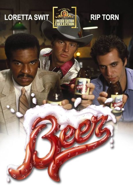 Three men sit at a bar holding beers, with "Beer" in foamy script at the bottom. The movies' stars Loretta Swit and Rip Torn are listed at the top, capturing a classic S.F. alcohol scene.