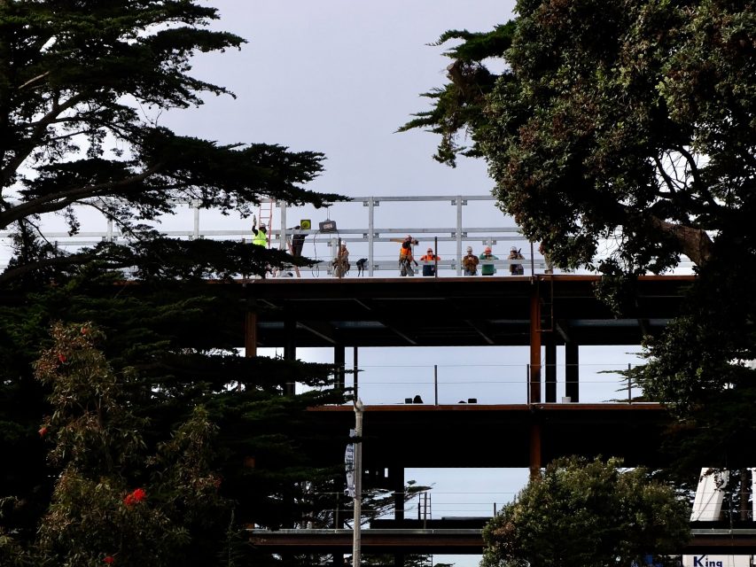 Construction workers stand on a steel framework of a building under construction, while a teacher observes the progress, surrounded by large trees on either side.