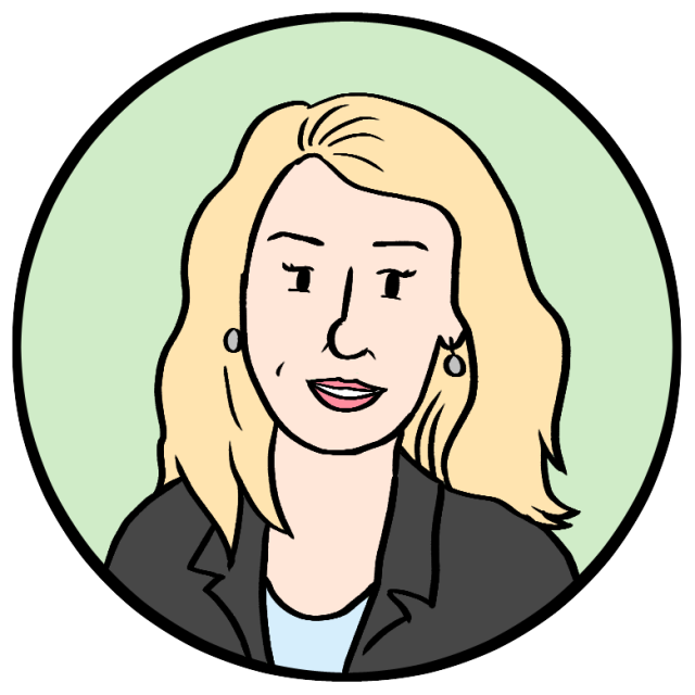Cartoon illustration of a woman with long blonde hair, wearing a black jacket and light blue shirt, set against a light green circular background.
