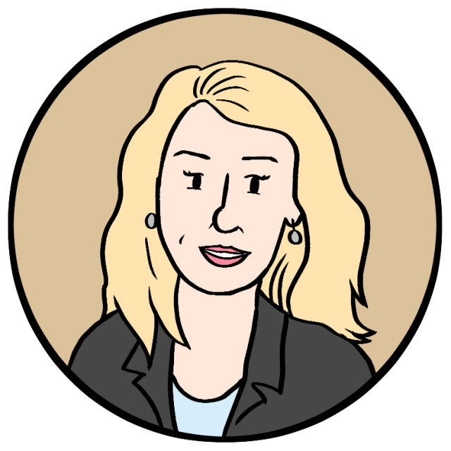 Cartoon illustration of a person with long blonde hair, wearing a black blazer and light shirt, set against a tan circular background.