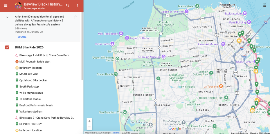 Screenshot of a San Francisco map showing Bayview bike ride route stops for the Black History Month event, with locations and directions listed on the left panel.