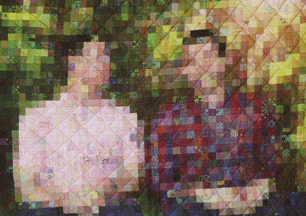 Two people sitting side by side, with their faces and bodies pixelated; one wears a light shirt, the other a red plaid shirt, against a colorful, abstract background.