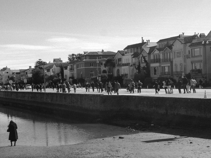 A crowd walks along a waterfront promenade lined with houses, while a single person stands near the water in the foreground.