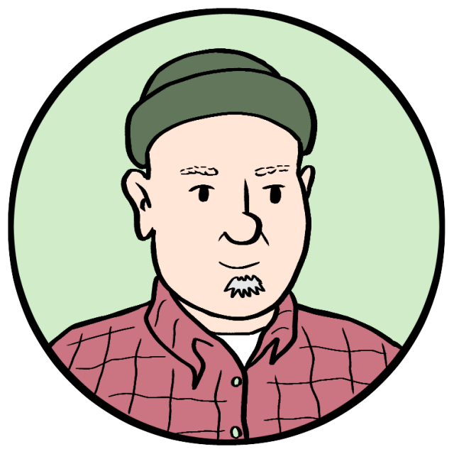 Cartoon illustration of a person wearing a green beanie and red plaid shirt, with a light green background inside a circular frame.