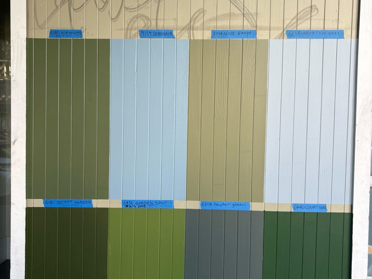 A vertical panel displays eight green paint swatches, each labeled with blue tape indicating the paint's name and code at the top or bottom of the swatch.