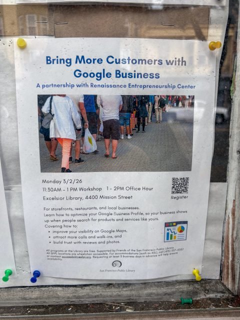 Flyer advertising a Google Business workshop and office hour at Excelsior Library, offering tips for businesses to appear on Google Maps and connect with customers.
