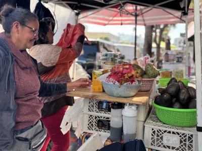 Two women stand at an outdoor market stall with baskets of avocados, dragon fruit, and other produce arranged on a counter.