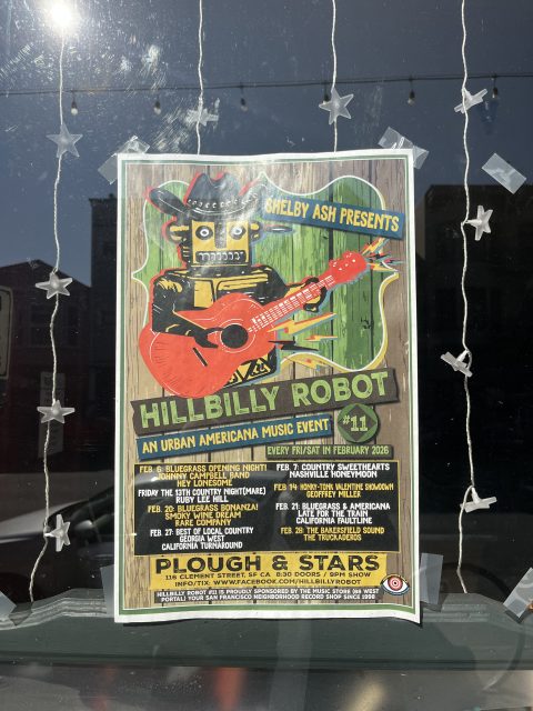 Poster for "Hillbilly Robot #11," an urban Americana music event series at Plough & Stars, featuring a robot in a cowboy hat with a guitar and event dates listed below.