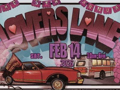 Illustrated poster for the 5th Annual Lovers Lane event on Feb 14, 2026, 10am-6pm, featuring a red car and a bus with "Mission District" on a flag.