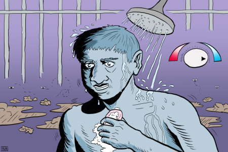 A person with blue-tinged skin showers nervously in a prison cell, holding a sponge, with a temperature gauge showing cold water and wet floor around them.