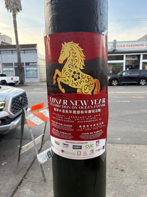 Poster on a street pole promotes a Lunar New Year event on Ocean Avenue in San Francisco, featuring a golden horse graphic and event details in English, Chinese, and other languages.