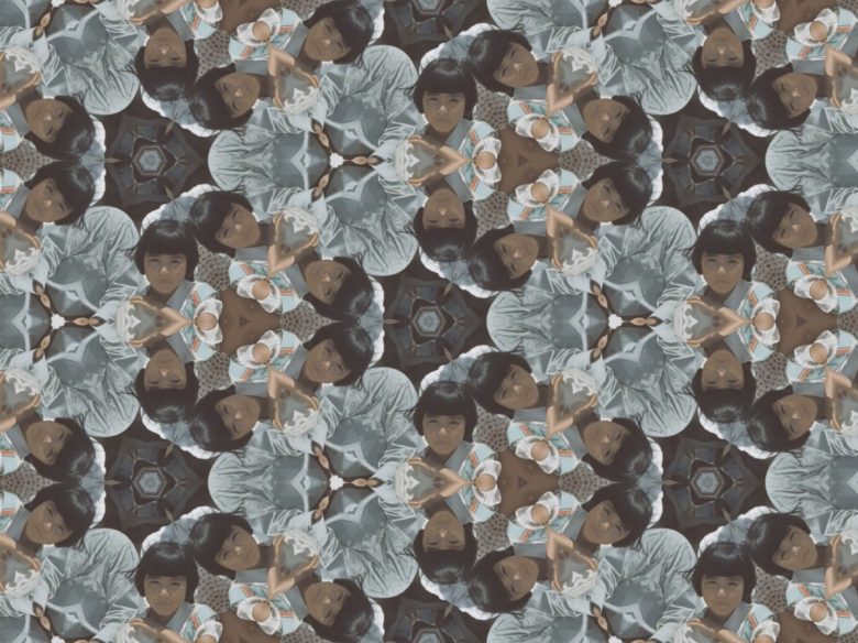 A kaleidoscopic pattern featuring repeated images of a young child with short dark hair, wearing a striped outfit, creating a symmetrical, geometric design.