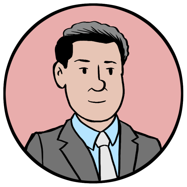 Cartoon illustration of a man in a suit and tie with dark hair, shown from the shoulders up, inside a pink circular frame.