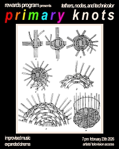 Poster for "primary knots" event featuring black-and-white basket-weaving diagrams, with event details at the bottom on a black background with colorful text.