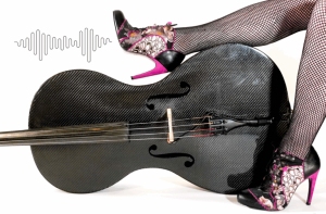 A person wearing fishnet stockings and high heels with pink soles rests their legs on a black carbon fiber cello; a soundwave graphic appears in the background.