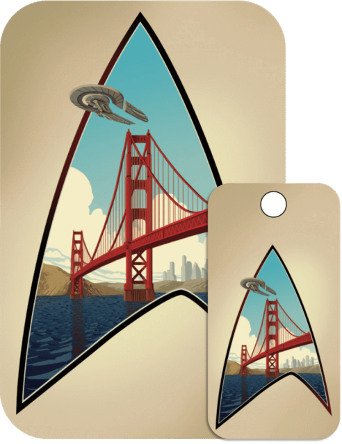 A stylized Star Trek insignia frames the Golden Gate Bridge, with a Starfleet ship flying above; city skyline and water are visible in the background.