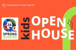 Orange flyer for a Community Music Center kids open house, featuring the date "26 Spring Quarter" with stylized birds and musical notes.