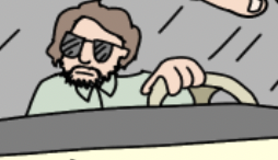 A man with sunglasses and a beard drives a car, gripping the steering wheel with one hand.