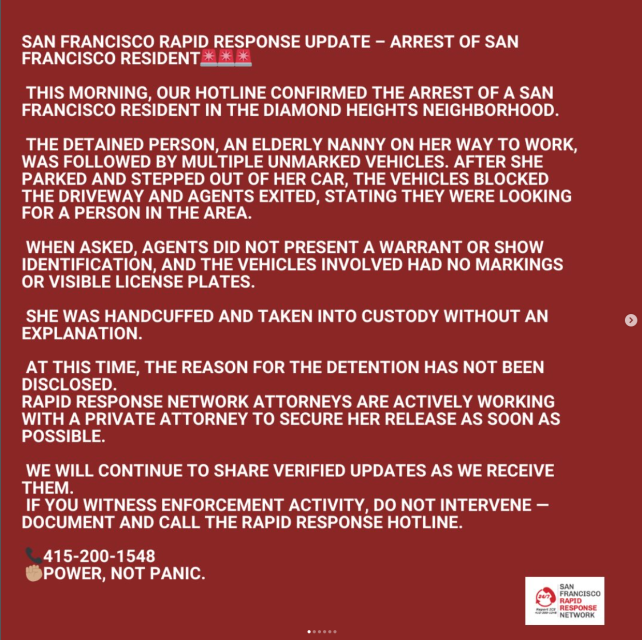 Text announcement detailing the arrest of a San Francisco resident by Homeland Security in Diamond Heights, advising community members not to intervene and to report enforcement activity.