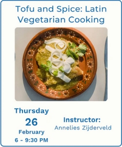 A plate of vegetarian enchiladas with green sauce, sliced onions, and cilantro, featured in a flyer for a Latin vegetarian cooking class on February 26.