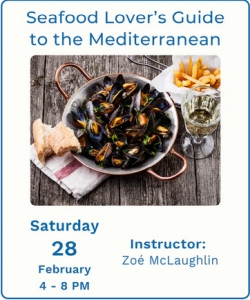 A bowl of cooked mussels, bread, and a glass of white wine on a table, promoting a Mediterranean seafood class with details about date, time, and instructor.