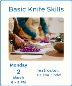 People chopping vegetables on a cutting board in a kitchen during a knife skills class, with text displaying class details and instructor name.