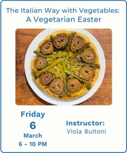 A round vegetable tart with asparagus and rolled eggplant slices on a white plate, promoting a vegetarian Easter cooking class with Viola Buitoni on March 6.