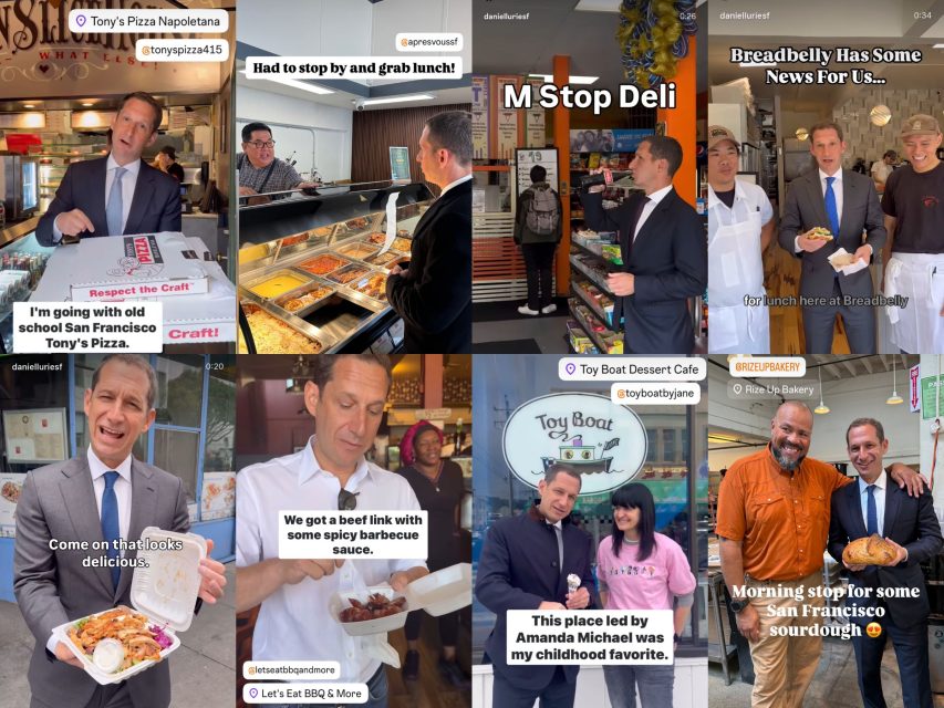A man in a suit samples food and poses with chefs at various San Francisco eateries, including pizzerias, delis, bakeries, and ice cream shops, highlighting local dishes and treats.