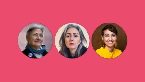 Three women are shown in separate circular frames against a solid pink background. Each woman is facing forward and smiling or with a neutral expression.