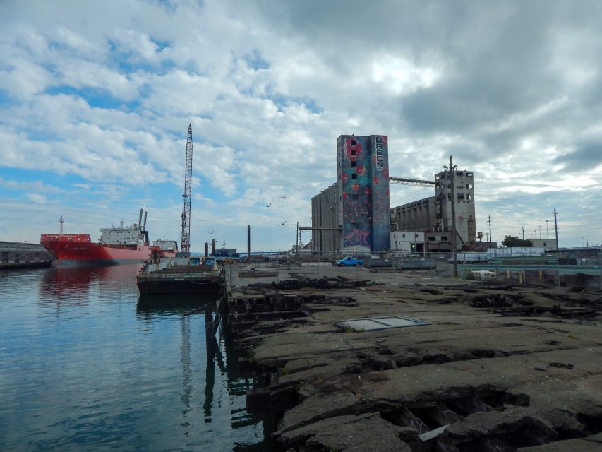 A waterfront industrial area with a red cargo ship docked, a crane, and large silos featuring colorful murals under a partly cloudy sky.