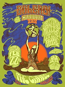 Psychedelic concert poster with a woman holding up Earth, surrounded by event details including "Bolero!," "The Chapel," and "San Francisco," with green and purple swirling text.