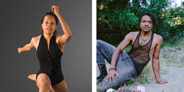 Split image: On the left, a person poses mid-movement in a sleeveless black outfit against a dark background. On the right, a person sits outdoors wearing a mesh top and jeans, surrounded by greenery.