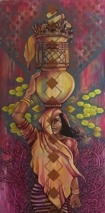 A woman in traditional attire carries a large pot and a basket on her head, set against a colorful, patterned background with geometric and floral designs.