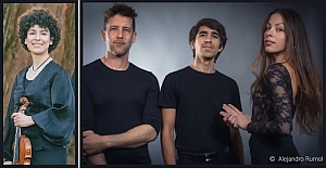 A woman holding a violin stands outdoors on the left; on the right, three people in black shirts pose against a dark background.