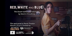 A woman in a yellow shirt stands by a microphone. Text promotes the Oscar-nominated short film "Red, White and Blue" and an event at Roxie Theater on March 2, hosted by multiple organizations.