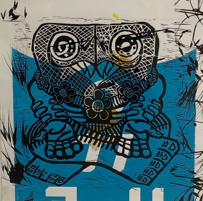 A stylized black and white owl illustration with intricate patterns sits on a blue background, surrounded by abstract black shapes.