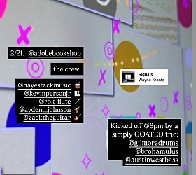 A colorful digital screen displays event details, Instagram handles, and graphics, announcing a music lineup and kickoff time for a show at @adobookshop.