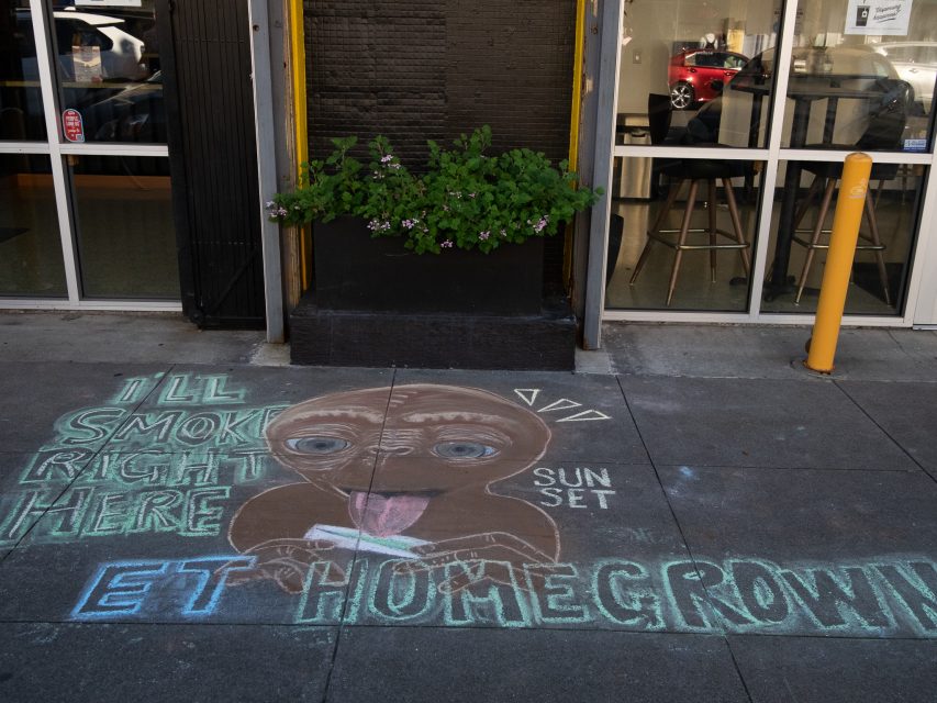 Sidewalk chalk drawing of E.T. with text reading "I'll smok right here," "sunset," and "ET homegrowin" in front of a building with potted plants and glass windows.
