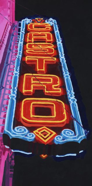 Vertical neon sign with red letters outlined in blue reading "CASTRO" against a dark background, attached to the side of a building.