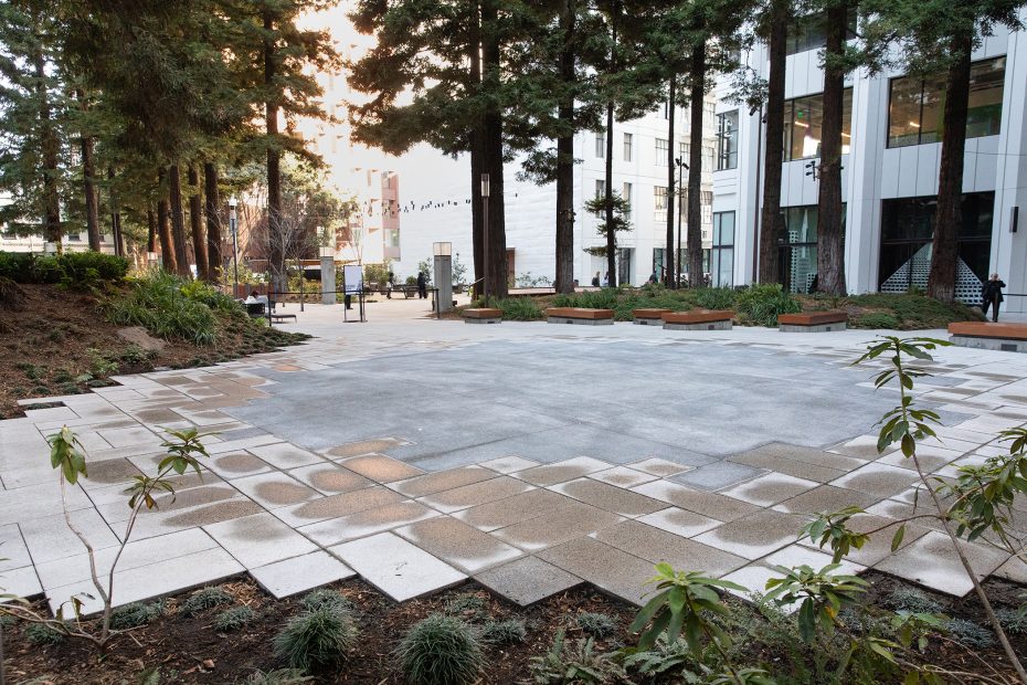 A paved open plaza with geometric stone tiles, surrounded by benches, plants, and tall trees beside a modern building.